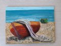 Картина с маслени бои Лодки, море, плаж, снимка 3