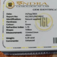 Сертификат IGL за Натурален Сапфир трилиона 11мм. 6,2 карата , снимка 4 - Други - 34811124