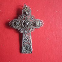 Уникален възрожденски сребърен кръст с камъни филигран, снимка 5 - Колекции - 35101811