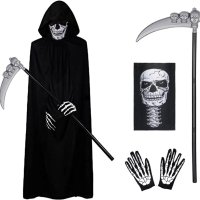 Костюм на Grim Reaper Хелоуин 4 части, черно наметало с маска на черепа, коса, скелетни ръкавици, снимка 1 - Други - 44069211