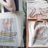 Текстилна чанта / торба за пазар с дълги дръжки "Коте и книги" /принт, авторска илюстрация/, снимка 3 - Чанти - 25547148