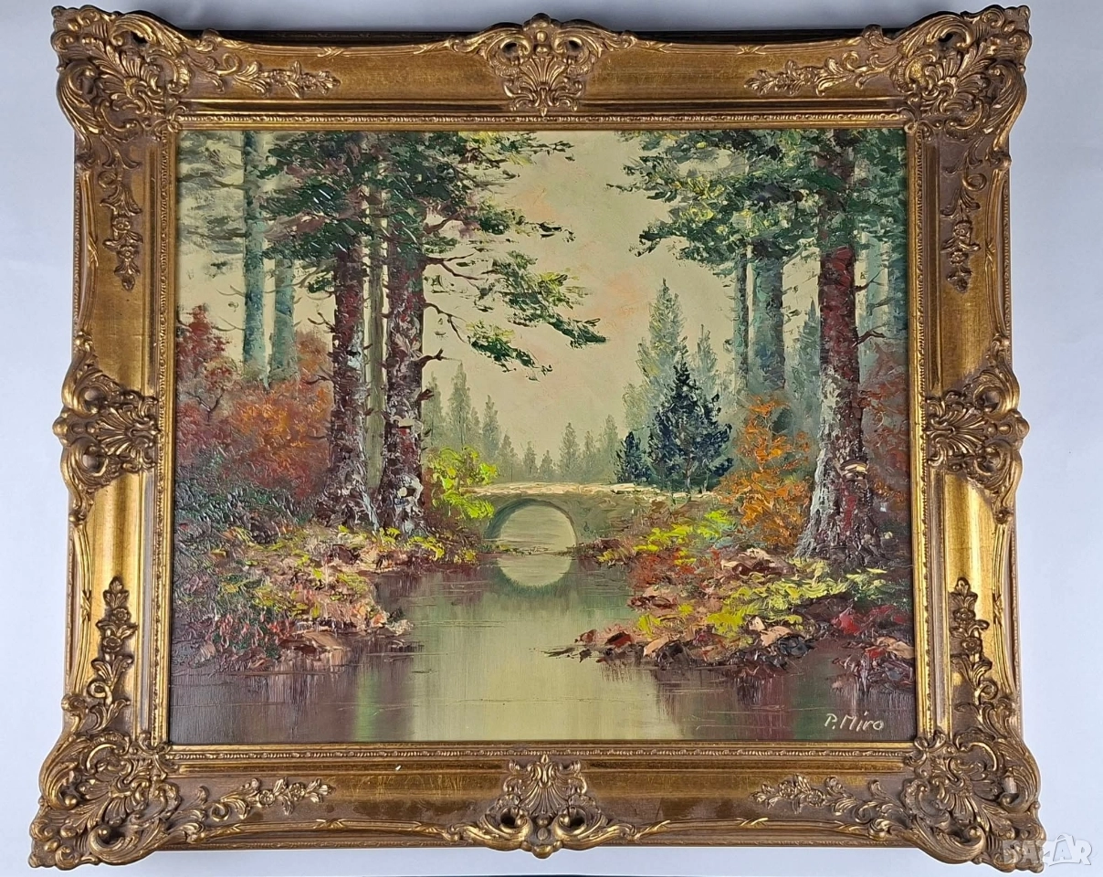 Картина масло върху платно - пейзаж с мост, в барокова рамка, снимка 1