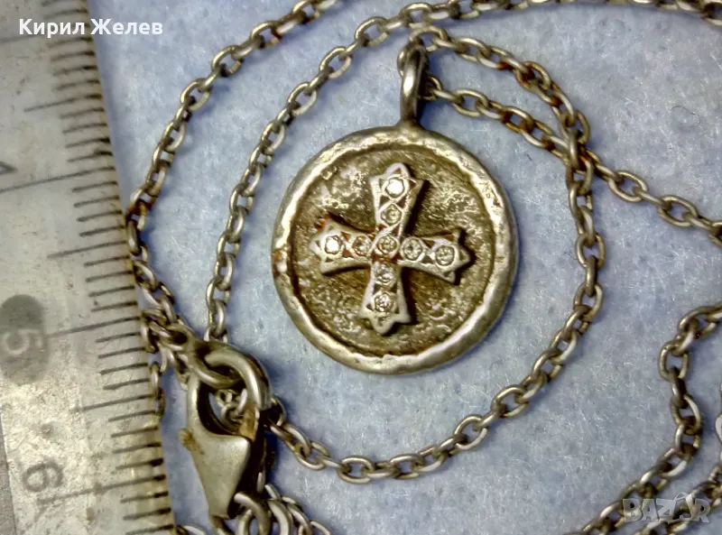 Стар ДВУСТРАНЕН РЕЛИГИОЗЕН СРЕБЪРЕН МЕДАЛЬОН КОЛИЕ СРЕБРО 925 РЪЧНА РЯДКА АРТ РАБОТА с ЦИРКОНИ 49923, снимка 1