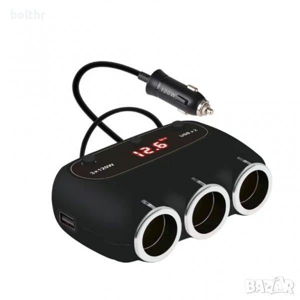 РАЗКЛОНИТЕЛ ЗА ЗАПАЛКА С ВОЛТМЕТЪР, 3 ГНЕЗДА, 2 x USB, ЧЕРЕН, снимка 1