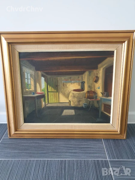 70х60см/стара картина масло върху платно/кухня-камина/дървена рамка, снимка 1