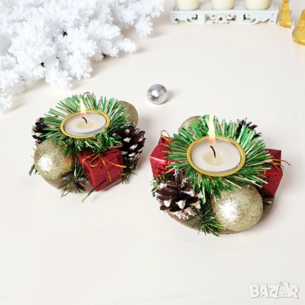 6184 Коледни поставки за чаени свещи, 2 броя свещници, снимка 1