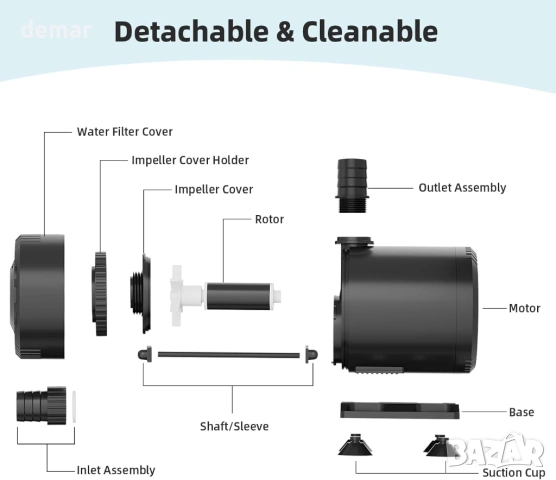 Потопяема водна помпа SMOOL 2000L/H 35W с 3-метров кабел, 4 вендузи и 3 дюзи (19/22/25 мм), снимка 4 - Оборудване за аквариуми - 53429031