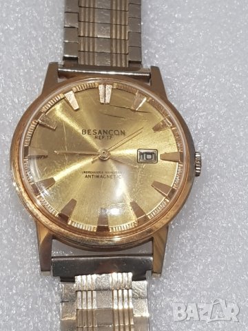 Мъжки позлатен механичен часовник Besancon - Antimagnetic-, снимка 5 - Антикварни и старинни предмети - 35306599