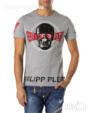 PHILIPP PLEIN 'Squeeze It' Air Force Skull Slim Fit Мъжка Тениска size L (S / M), снимка 2 - Тениски - 43808362