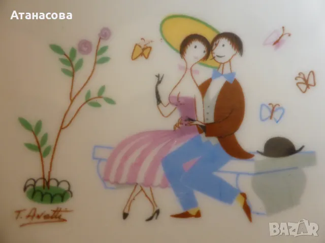 Френска порцеланова чинийка купичка с авторска рисунка, снимка 2 - Антикварни и старинни предмети - 48490896