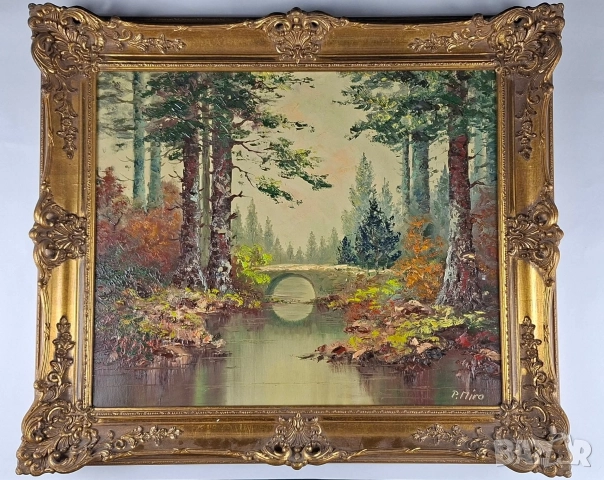 Картина масло върху платно - пейзаж с мост, в барокова рамка