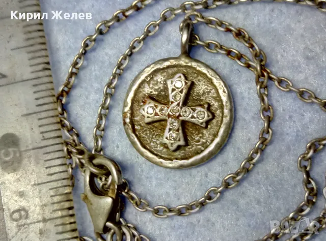 Стар ДВУСТРАНЕН РЕЛИГИОЗЕН СРЕБЪРЕН МЕДАЛЬОН КОЛИЕ СРЕБРО 925 РЪЧНА РЯДКА АРТ РАБОТА с ЦИРКОНИ 49923