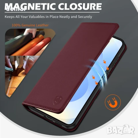 SHIELDON Кейс за Galaxy S25 Edge 5G 6.7", магнитен портфейл от естествена кожа със стойка,RFID-бордо, снимка 7 - Калъфи, кейсове - 50586363