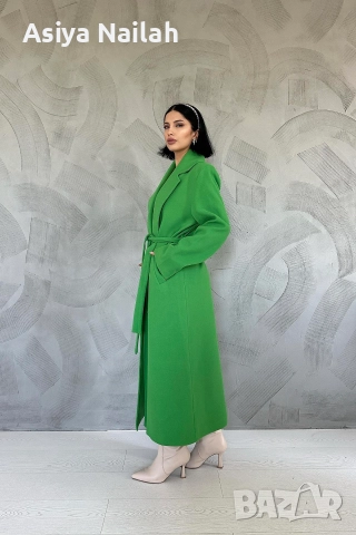 Дамско зелено палто с колан – елегантен дълъг модел, снимка 2 - Палта, манта - 52792512