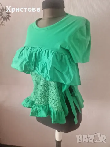 Тениска Зара в зелено с дантела - 8,00лв., снимка 3 - Тениски - 50114582