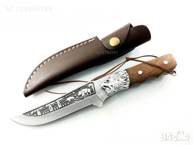 Богато двустранно гравиран ловен нож с лъв 130х255, снимка 3 - Ножове - 50591648