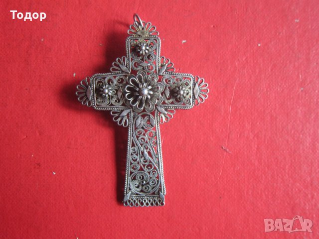 Уникален възрожденски сребърен кръст с камъни филигран, снимка 5 - Колекции - 35101811