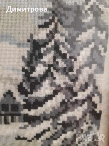 Ръчно ушит гоблен с дървена рамка и стъкло Зимна приказка, снимка 2 - Гоблени - 47329470