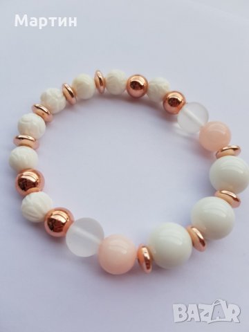 Гривна от бял оникс, розов жадеит, матиран планински кристал, гравиран седеф, розов хематит , снимка 1