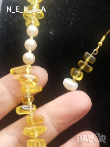 Комплект колие и обици от цитрин и перли, снимка 3 - Колиета, медальони, синджири - 53563781