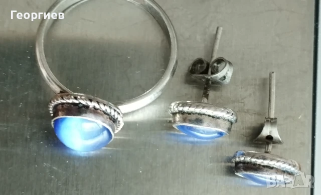 Комплект Сребърни обеци с пръстен 5.38 гр. син камък., снимка 3 - Обеци - 51416834