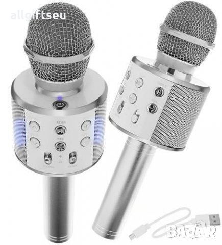Караоке микрофон със сребрист високоговорител, снимка 1 - Микрофони - 36798846