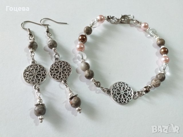 Прекрасен комплект бижута гривна и обици с Лечебният камък Майфанит и Планински кристали , снимка 4 - Бижутерийни комплекти - 32658900