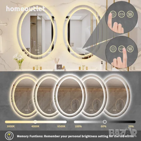 ПРОМОЦИЯ Стенно огледало с LED осветление и овална форма LUVODI XMR-T28-718-EU-V1, снимка 5 - Огледала - 49676713