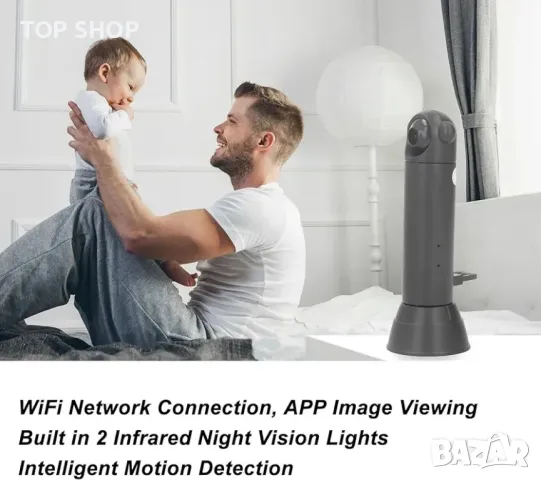 Интелигентна WiFi камера, USB кабел, 1080P домашен охранителен монитор с ротация на 180 градуса, снимка 6 - Друга електроника - 48743461