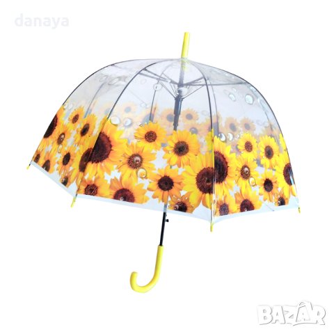 2180 Дамски чадър за дъжд прозрачен с принт на цветя 80см диаметър