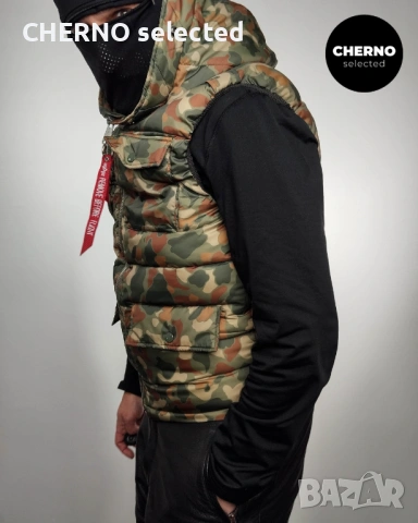 Мъжки камуфлажен елек с качулка ALPHA INDUSTRIES Camouflage Hooded Field Vest L•M  Нов без етикети , снимка 8 - Якета - 53307259