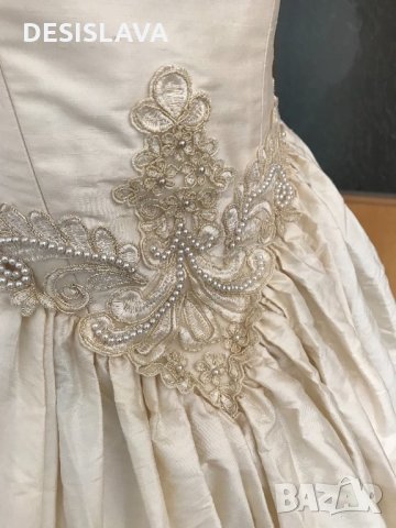 Сватбена булчинска рокля царствена естествена сурова коприна шампанско с шлейф, снимка 4 - Сватбени рокли - 26436671