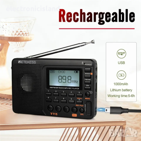 Портативно радио Retekess V115 AM/FM транзистор с MP3 и слот за TF карта, снимка 10 - Радиокасетофони, транзистори - 44884156
