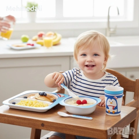 Детски комплект за хранене Cheffinger – 5 части  Чиния, купичка, чаша, лъжица и вилица , снимка 2 - Прибори за хранене, готвене и сервиране - 53168804