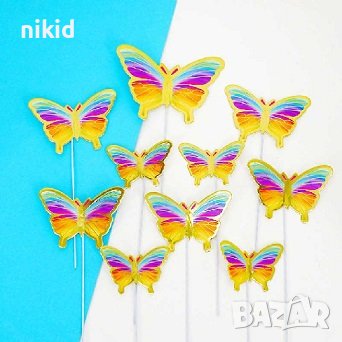 10 пеперуди картонени златен контур на тел шарени топери украса декор за торта, снимка 5 - Други - 40388341