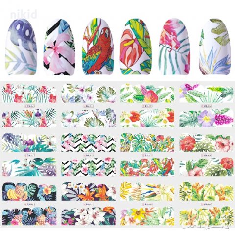 лист 12 в 1 микс Хавайски Хаваи Тропик цветя слайдер татос ваденки водни стикери за нокти маникюр