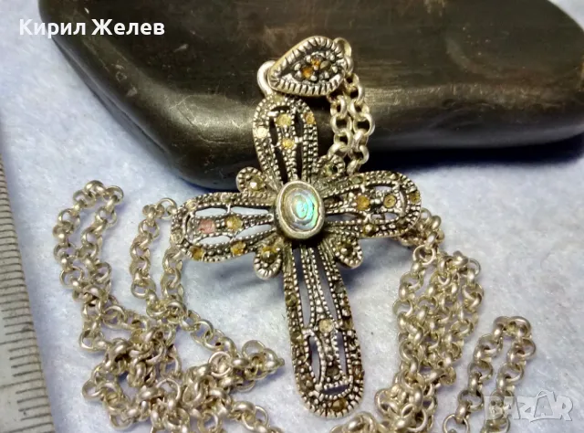 АВТОРСКИ АЖУРЕН СРЕБЪРЕН КРЪСТ СРЕБРО 925 NF с КРАЛСКИ СЕДЕФ МАРКАЗИТИ СРЕБЪРНА ВЕРИЖКА ИТАЛИЯ 41807, снимка 8 - Колиета, медальони, синджири - 49486908