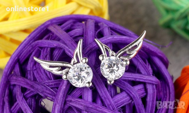 Сребърни Обеци Диамантени криле - 925 печат сребро BA216, снимка 6 - Обеци - 28147664