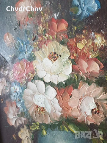 Gustavus 33х28см/малка стара картина масло върху платно/натюрморт ваза с цветя/дървена рамка, снимка 3 - Картини - 50823368