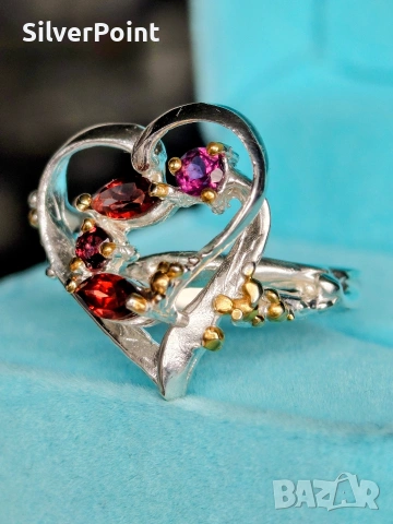 Сребърен пръстен "Любов" с натурални Гранати , снимка 2 - Пръстени - 53105068