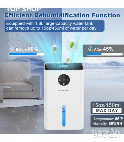 Влагоуловител AONELAS 1,8л. със 7 цвята светлина и автоматично размразяване, преносим и ултра тих, снимка 4 - Влагоабсорбатори и влагоуловители - 48930596