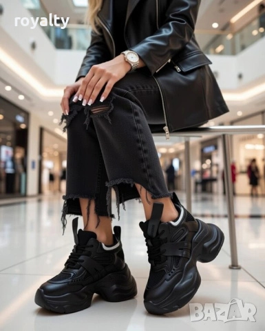 Кецове на платформа - черна кожа и мрежа, снимка 2 - Кецове - 53282659