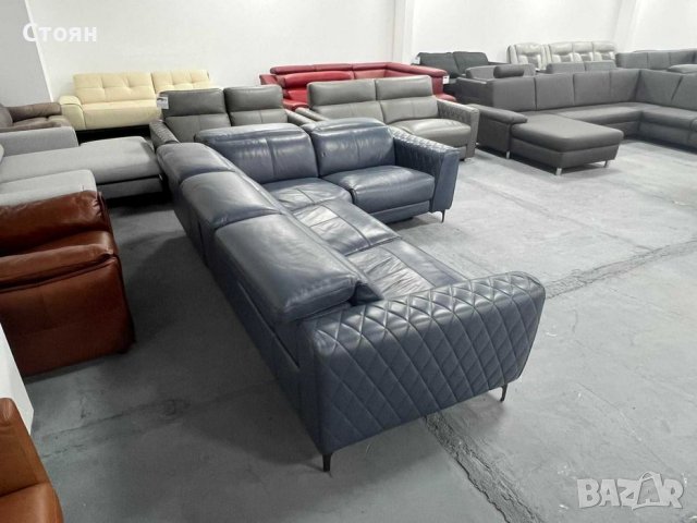 Син ъглов кожен диван с електрически релаксиращ механизъм, снимка 9 - Дивани и мека мебел - 39711931