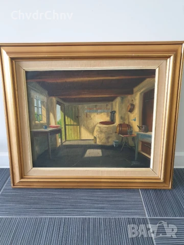 70х60см/стара картина масло върху платно/кухня-камина/дървена рамка