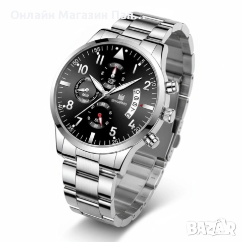 Мъжки кварцов часовник SHAARMS – сребрист корпус, черен циферблат, календар