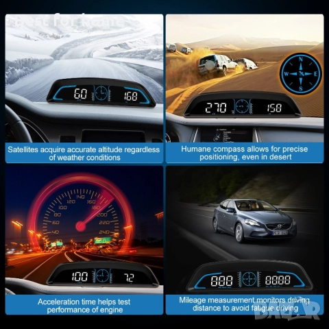 Универсален автомобилен HUD Head Up дисплей, цифров GPS скоростомер, снимка 4 - Аксесоари и консумативи - 52264618