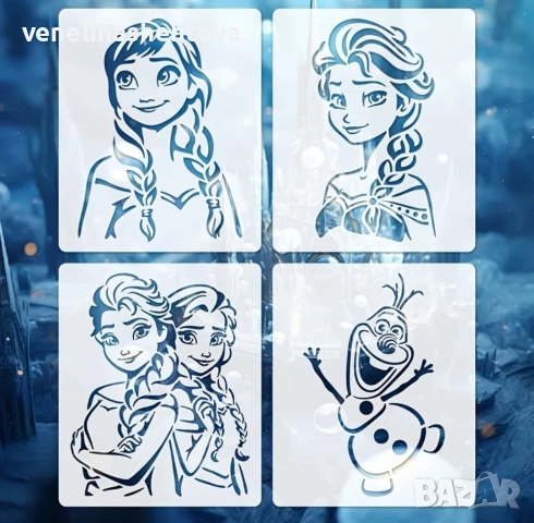4 броя Елза и Ана шаблон стенсил за декорация на торта скрапбукинг текстил дърво 