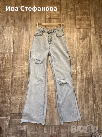 Дамски дънки дънкови панталони накъсани висока талия чарлстон с цепка отстрани 