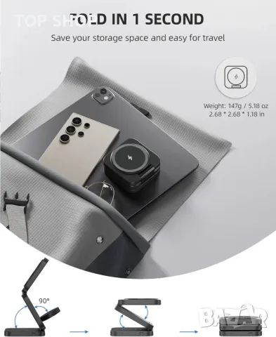 Безжично зарядно устройство KU XIU за Samsung, пътна магнитна 3 в 1 сгъваема станция за зареждане, снимка 3 - Безжични зарядни - 49338218