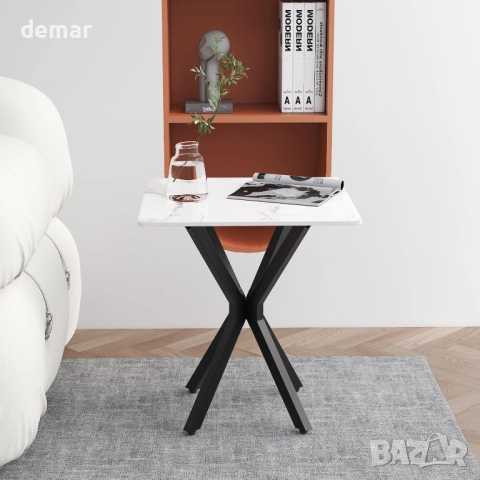 Мраморна странична масичка GOLDFAN, малка бяла странична масичка за хол, 50x50x55см, снимка 3 - Маси - 52087854